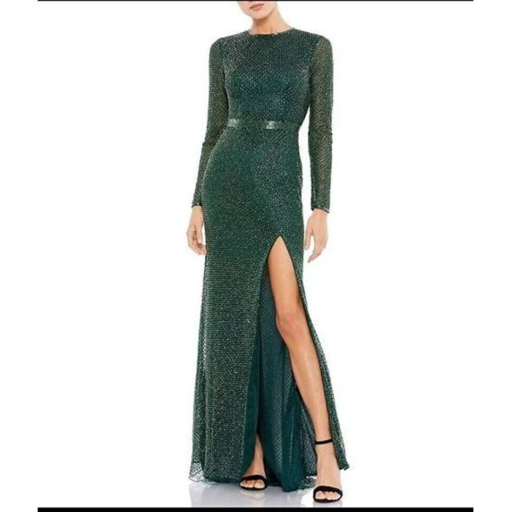 BEADED HIGH NECK LONG SLEEVE GOWN WITH DETAILED BELT - Bottle Green